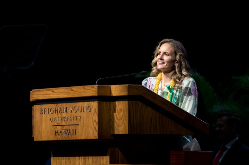 Sister Monica Kauwe speaks during a BYU–Hawaii devotional in the Cannon Activities Center in Laie, Hawaii, on Tuesday, May 3, 2022.
