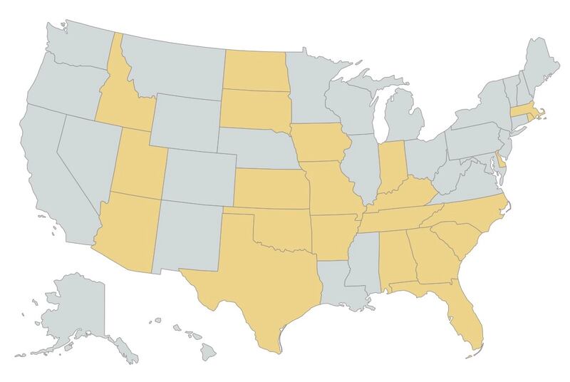 Map shows U.S. states where Church membership grew more than 10% in past 10 years.