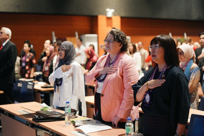 In the middle, with her hand on her heart, Elizabeth Clark, a professor of the Brigham Young University International Center for Law and Religion Studies attends the 7th International Forum on Law and Religion in the Philippines on Nov. 21, 2025.