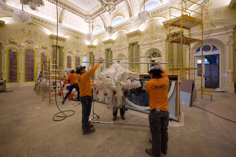 Chandeliers are installed in the celestial room of the Salt Lake Temple on Tuesday, April 21, 2026, in Salt Lake City.