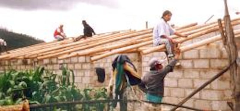 Members of the Peguche Ward, Otavalo Ecuador Imbabura Stake, construct roof with lumber cut from for