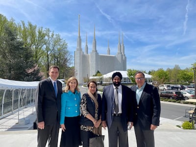 Sikh leaders from Dubai, Surender and Bubbles Kandhari, visit the Washington D.C. Temple with friends on April 22, 2022. From left to right: Elder Jeffrey H. Singer, Sister Sandra Singer, Bubbles Kandhari, Surender Kandhari and Edward S. Knight.