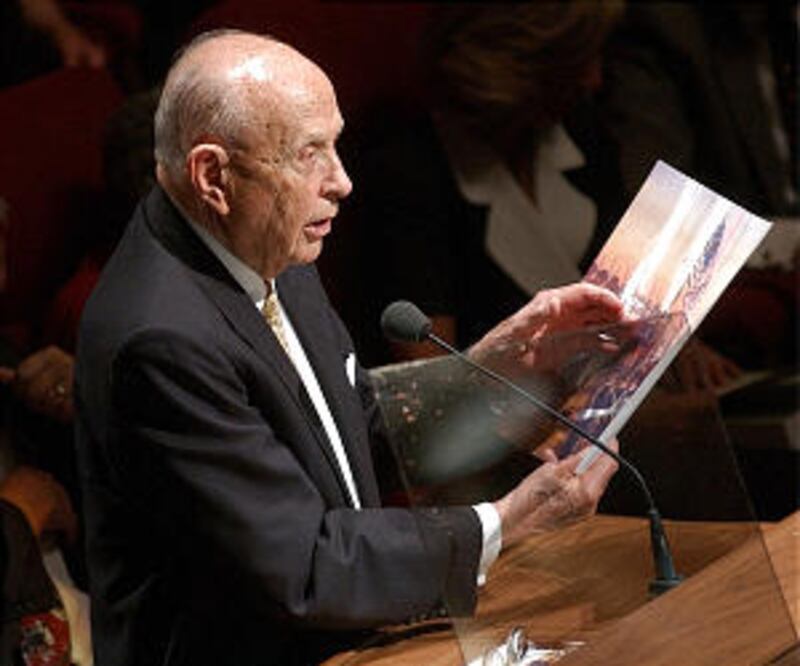 Elder David B. Haight speaks at the Mormon Battalion service Saturday, June 15, 2002. PHOTO BY Jerem