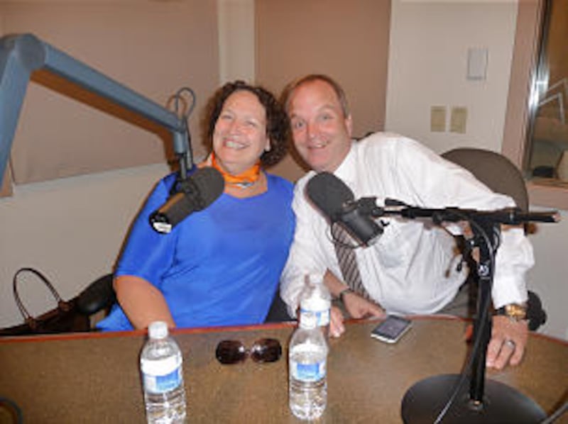 Irene Russo and her husband sit in the studio for a Mormon Channel interview.