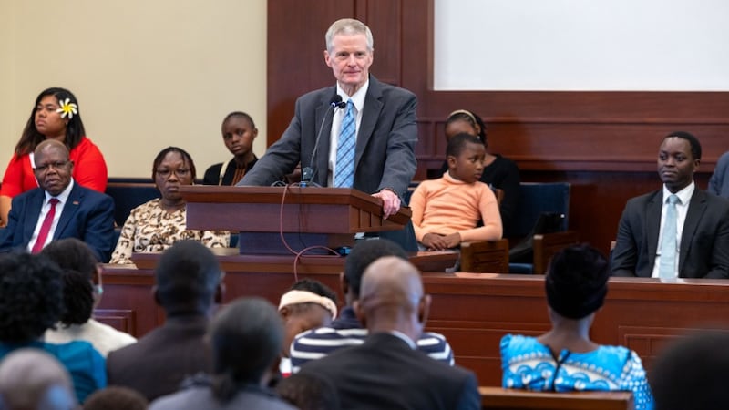 Elder David A. Bednar speaks from a chapel pulpit in Nairobi, Kenya, on Sunday, March 22, 2026.