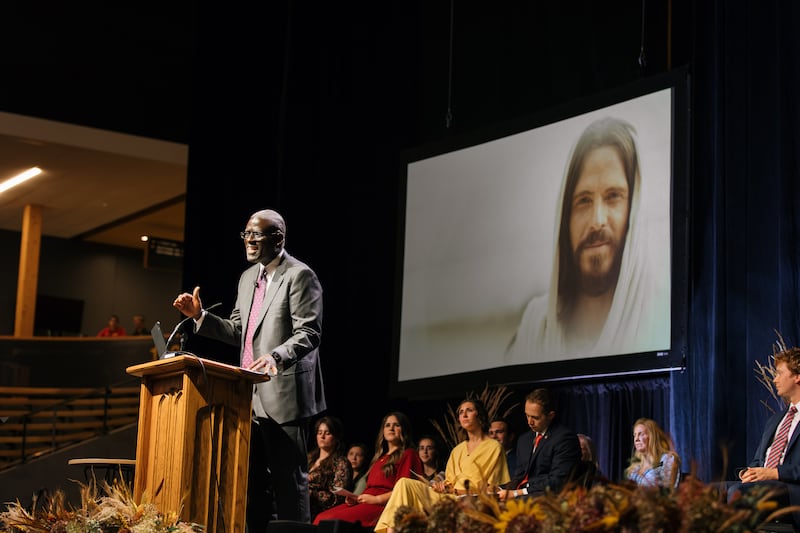 Elder Peter M. Johnson, a General Authority Seventy, speaks during a "100 years of institute" commemorative devotional held in the ICCU Arena on the University of Idaho campus in Moscow, Idaho, on Saturday, Sept. 26, 2026.