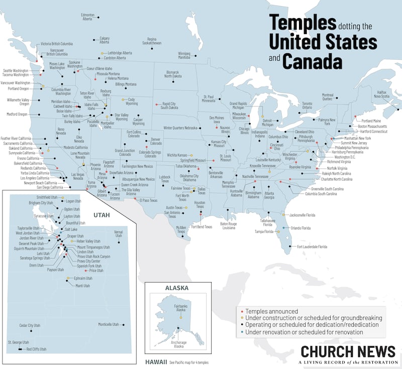 Map shows locations and statuses of temples of The Church of Jesus Christ of Latter-day Saints in the United States and Canada as of March 2026.
