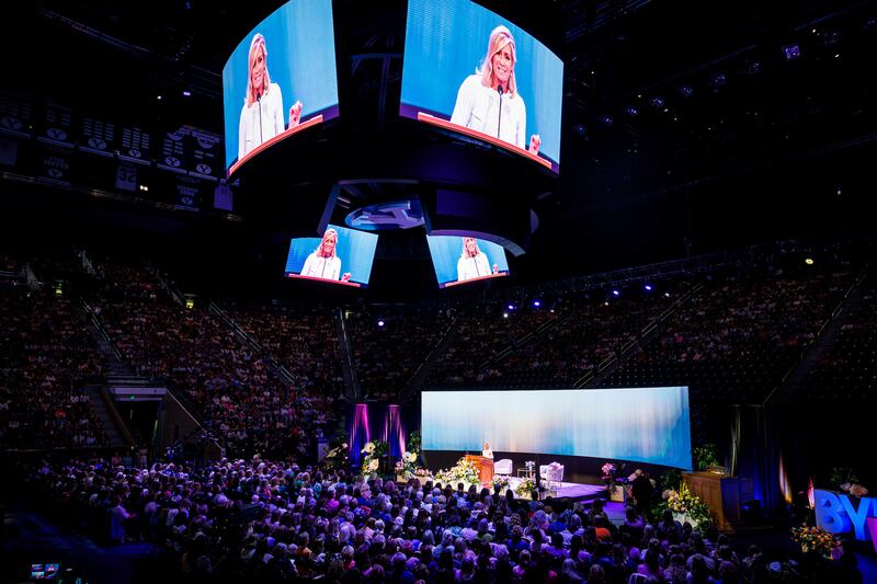 Women fill the Marriott Center to listen to Sister Tamara W. Runia, first counselor in the Young Women general presidency, as part of the annual BYU Women's Conference on Wednesday, April 29, 2026.