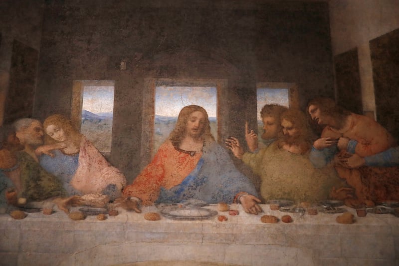 A partial view of Leonardo da Vinci's painting "The Last Supper," preserved at the ex-Renaissance refectory of the convent adjacent to the sanctuary of Santa Maria delle Grazie church, in Milan, Italy, Tuesday, Feb. 9, 2021.