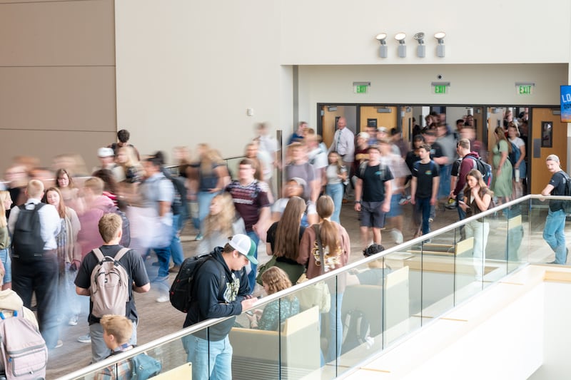 Brigham Young University–Idaho students walk to a campus devotional to hear President Alvin F. Meredith III and his wife, Sister Jennifer Meredith, on Tuesday, April 21, 2026, in Rexburg, Idaho.