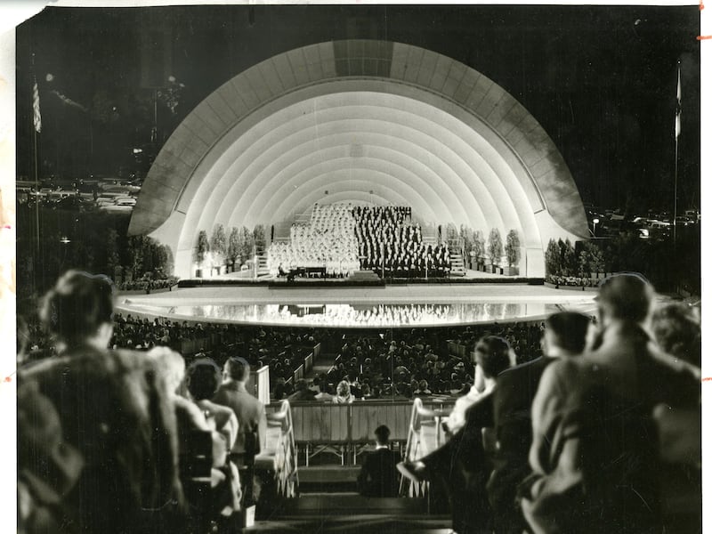 The Tabernacle Choir at Temple Square performed in the Hollywood Bowl in Los Angeles, California, in May 1963.