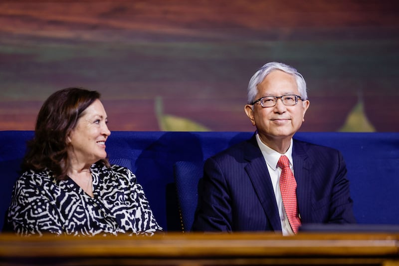 Elder Gerrit W. Gong of the Quorum of the Twelve Apostles and his wife, Sister Susan Gong, participate in a devotional in the Marriott Center in Provo, Utah, on Tuesday, Aug. 19, 2025, as part of BYU Education Week.