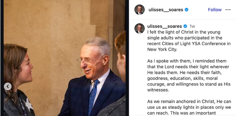 Elder Ulisses Soares of the Quorum of the Twelve Apostles posted about his experience at the Cities of Light YSA Conference in New York City. The conference was on Sunday, Sept. 20, 2026. He posted on his social media accounts four days later, on Sept. 24.