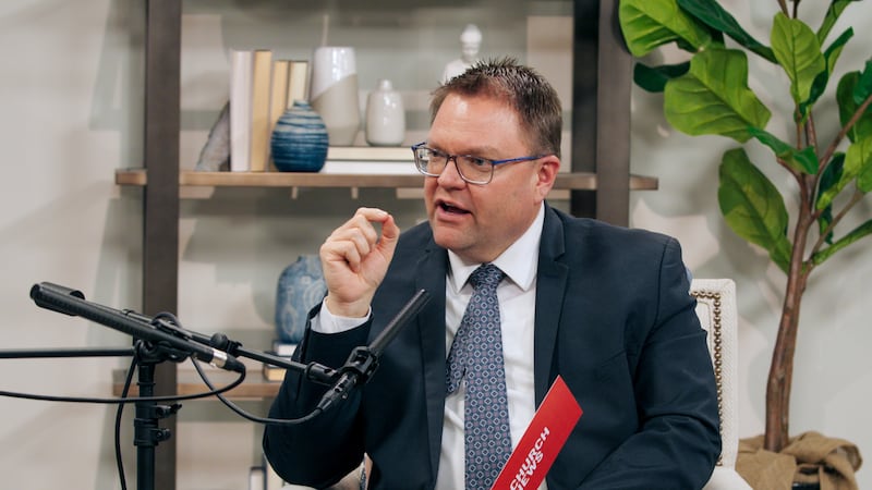 Church News editor Ryan Jensen asks a question during the filming of a Church News podcast episode released Tuesday, March 24, 2026.