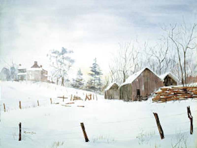 Painting titled "Barns," captures a setting in rural Maryland.