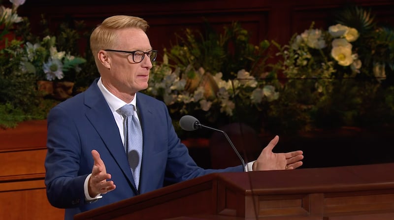 Elder Aaron T. Hall, General Authority Seventy, speaks during the Sunday afternoon session of the 196th Annual General Conference of The Church of Jesus Christ of Latter-day Saints in the Conference Center in Salt Lake City on April 5, 2026.