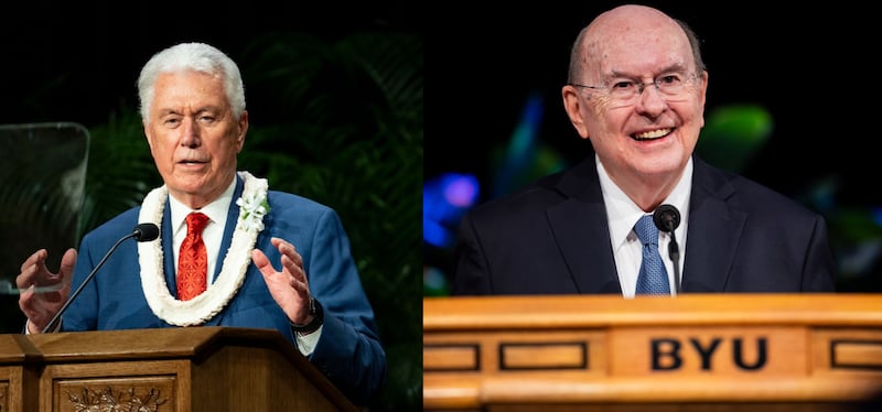From left, President Dieter F. Uchtdorf, acting president of the Quorum of the Twelve Apostles, speaks during a devotional at Brigham Young University–Hawaii in Laie, Hawaii, on Sunday, March 1, 2026; Elder Quentin L. Cook of the Quorum of the Twelve Apostles of The Church of Jesus Christ of Latter-day Saints delivers a BYU devotional at the Marriott Center in Provo on Tuesday, March 3, 2026.