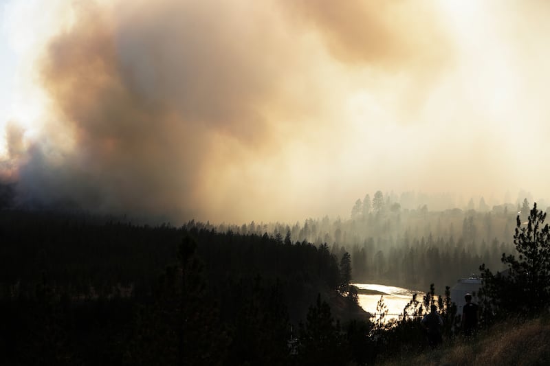 Old Trails Fire is seen from W. Northwest Blvd., Saturday, Aug. 1, 2026, in Spokane, Washington.