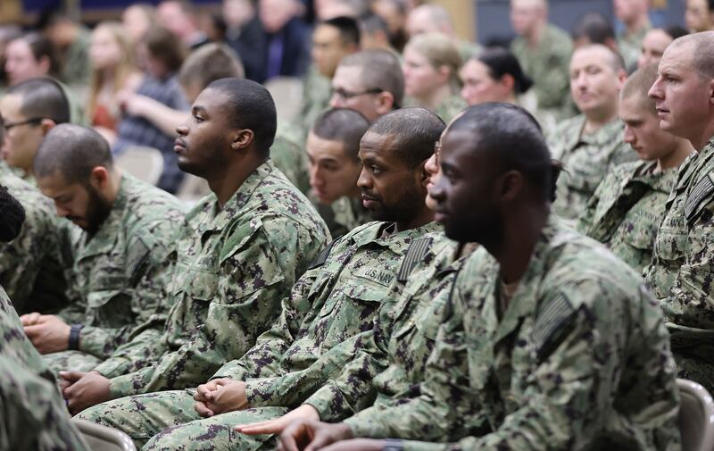 U.S. Naval officer candidates listen during the Sailors’ Devotional in Newport, Rhode Island.