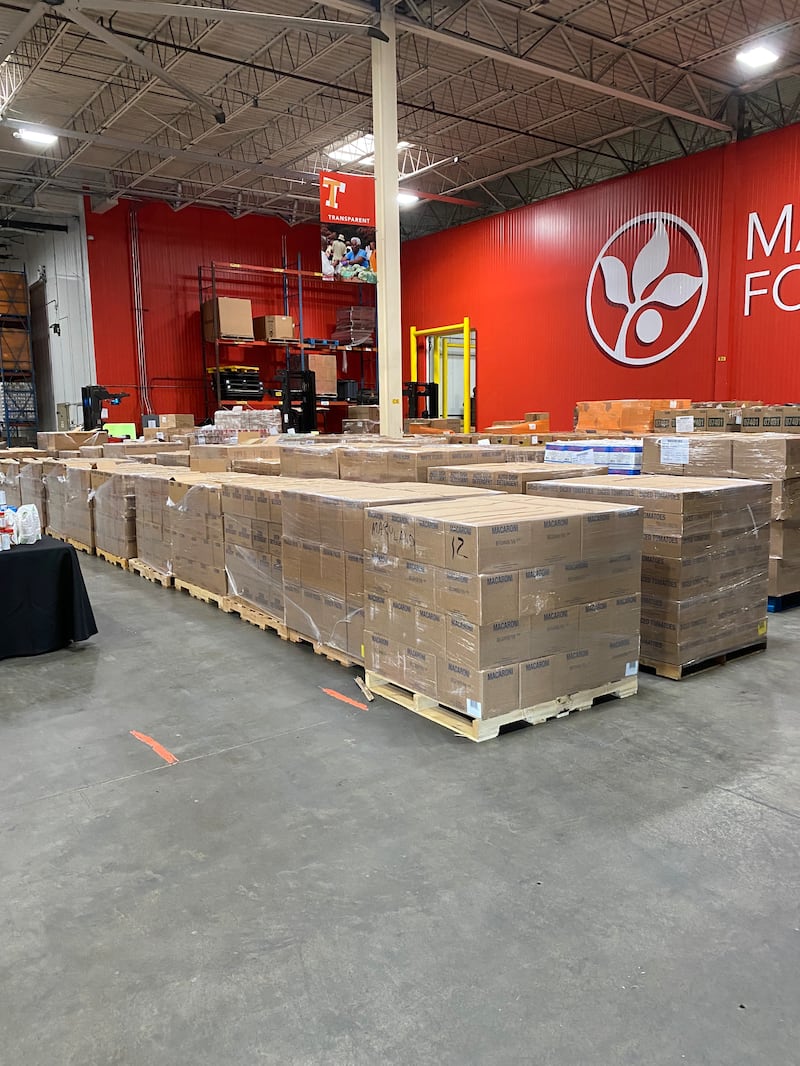 Pallets of food and household necessities are donated from The Church of Jesus Christ of Latter-day Saints to the Maryland Food Bank in Baltimore, Maryland, on Oct. 6, 2022.