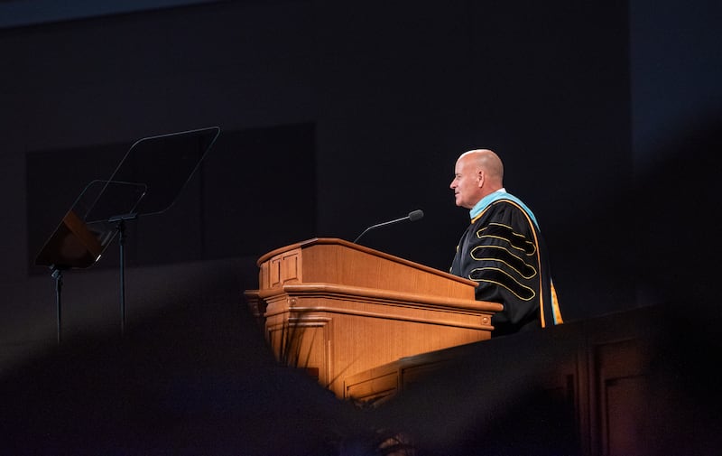 Brother David J. Wunderli, first counselor in the Young Men general presidency, speaks during commencement held in the BYU–I Center on Thursday, July 23, 2026, in Rexburg, Idaho.