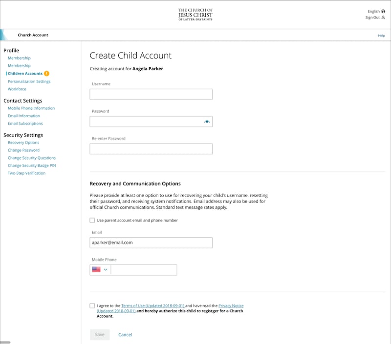 A new feature lets parents manage the Church accounts of children under 18 that live in their household, including creating a new account.