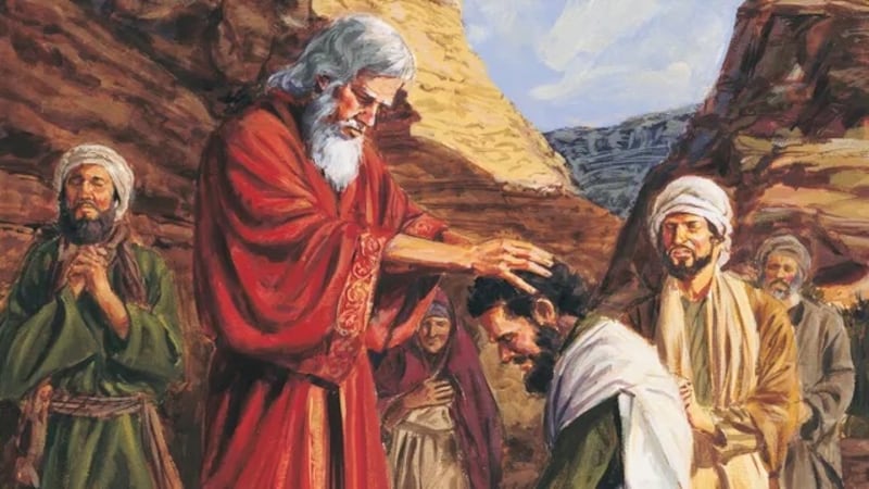 "Moses Ordaining Joshua" is by Darrell Thomas.