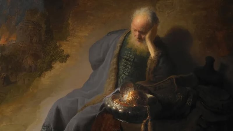 "Jeremiah Lamenting the Destruction of Jerusalem" is by Rembrandt van Rijn.