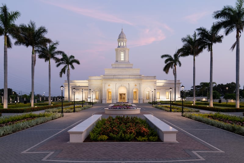 The Managua Nicaragua Temple at dusk.