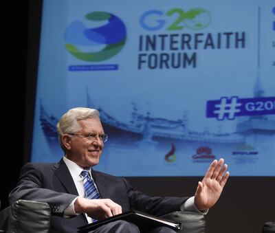 Elder D. Todd Christofferson of the Quorum of the Twelve Apostles greets the audience before his speech at the G20 Interfaith Forum in Buenos Aires, Argentina, on Wednesday, Sept. 26, 2018.