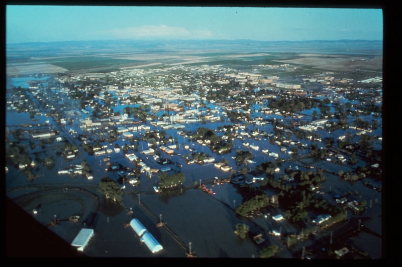 An aerial photo of the flooding caused by the rupture of the Teton Dam on Saturday, June 5, 1976.