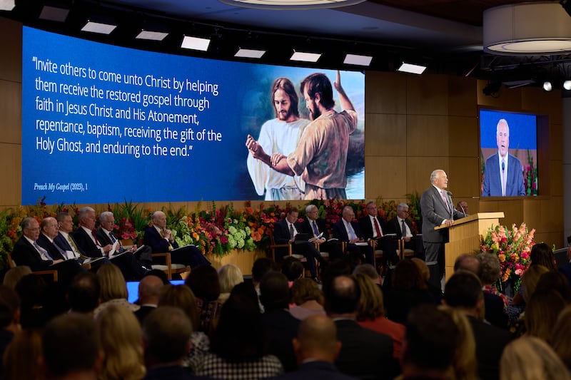 Elder Ronald A. Rasband shows a slide about baptism during the 2026 Seminar for New Mission Leaders on Thursday, June 18, 2026, in the Provo Missionary Training Center in Provo, Utah.