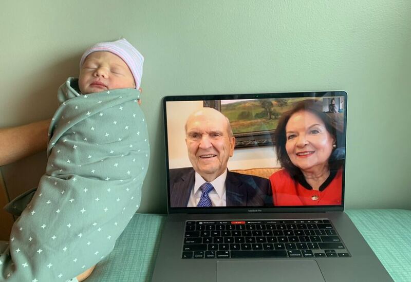President Russell M. Nelson and his wife, Sister Wendy Nelson, virtually welcome a new baby to their family during COVID-19 restrictions in a photo from a social media post on Sept. 20, 2020.
