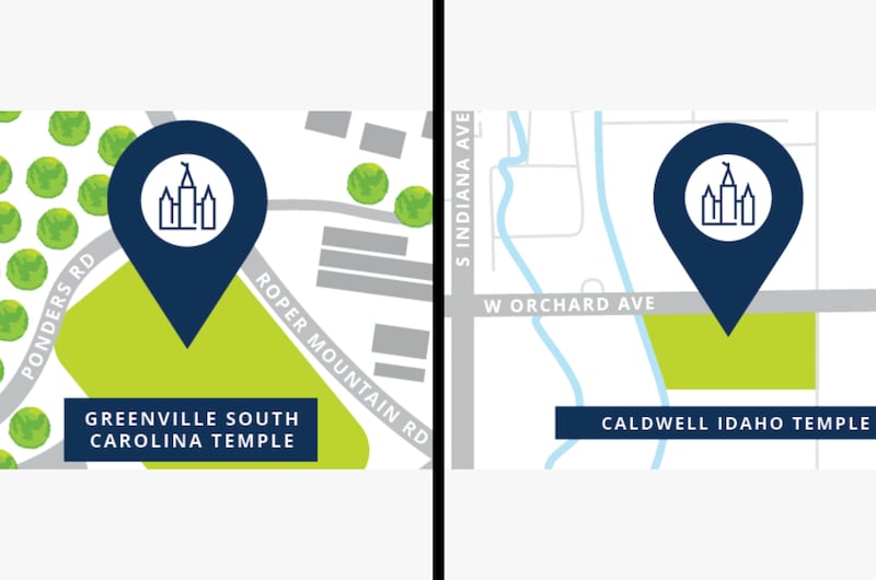 Site maps for the Greenville South Carolina Temple, left, and Caldwell Idaho Temple, right.