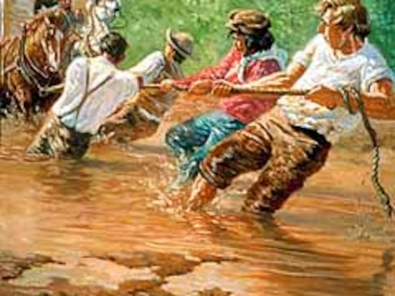 Joseph Smith is depicted assisting fellow members of Zion's Camp with their loads in Clark Kelley Pr