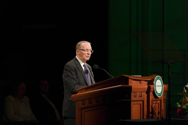 Ensign College President Bruce C. Kusch delivers the first devotional of the semester in Salt Lake City, Sept. 9, 2025.