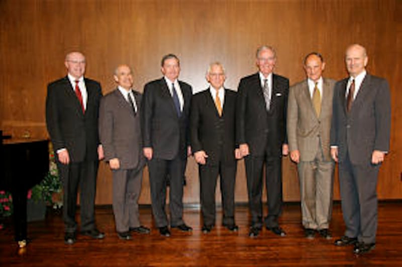 Gathering together during a meeting of Sunday School presidencies past and present were, from left,