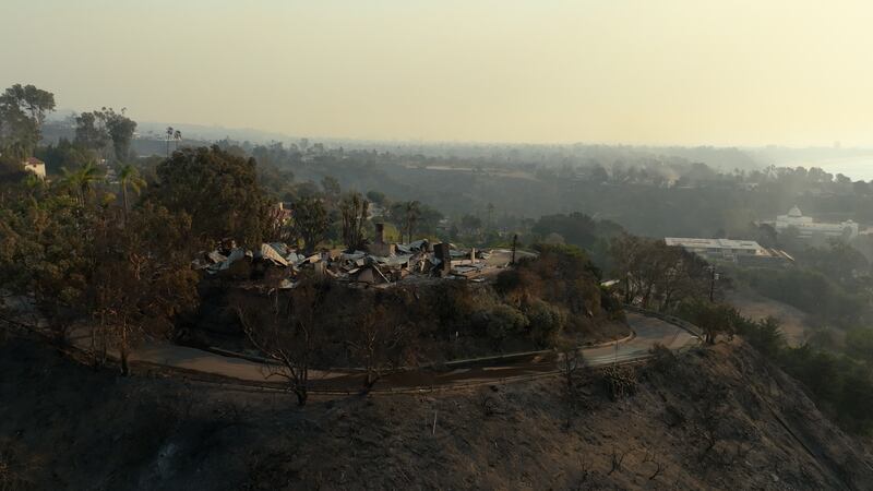 Burned hillside in the Pacific Palisades neighborhood after the Palisades Fire in Southern California on Jan. 8, 2025.