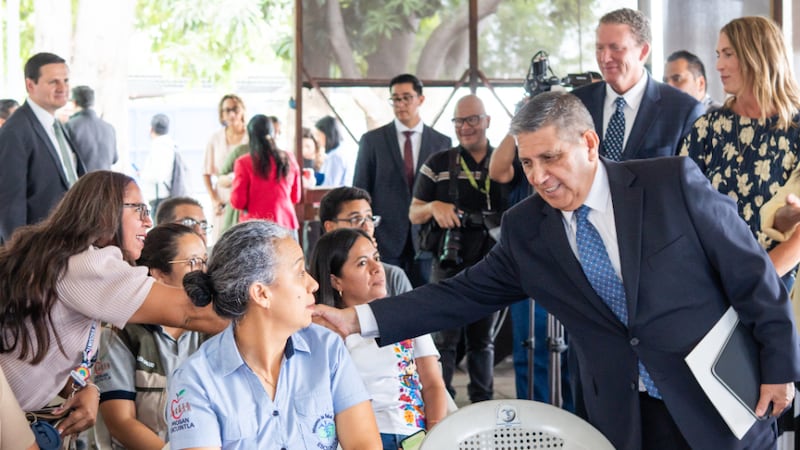 Elder Patricio M. Giuffra meets with health officials and guests during a presentation ceremony for medical equipment and furniture in Escuintla, Guatemala, Aug. 24, 2026.