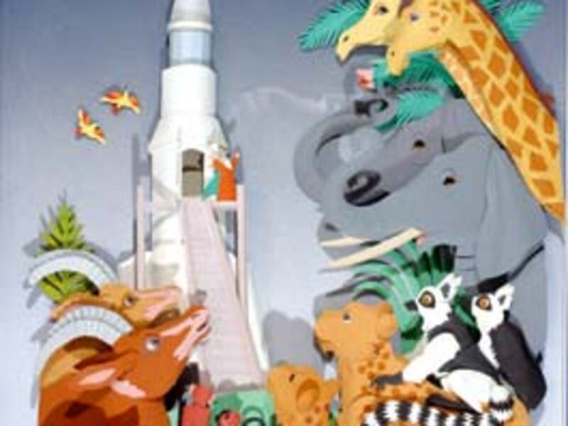 Animals march into a spaceship ark in this fanciful story of Noah.