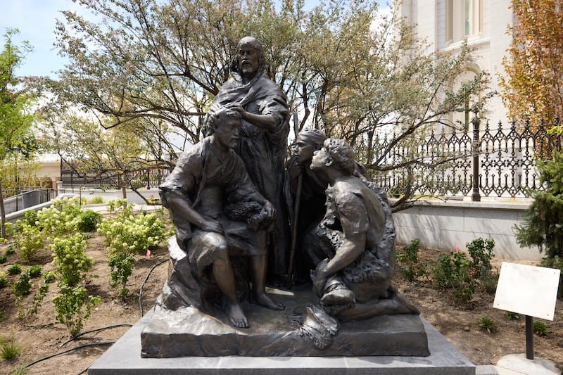 The "Jesus Christ Ordains Apostles" statue is shown at Temple Square in Salt Lake City, Utah, on July 16, 2026.