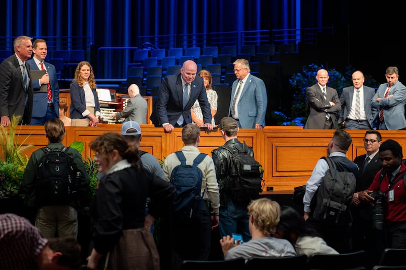 Brigham Young University–Idaho President Alvin F. Meredith III greets students at a campus devotional on Tuesday, April 21, 2026, in Rexburg, Idaho.