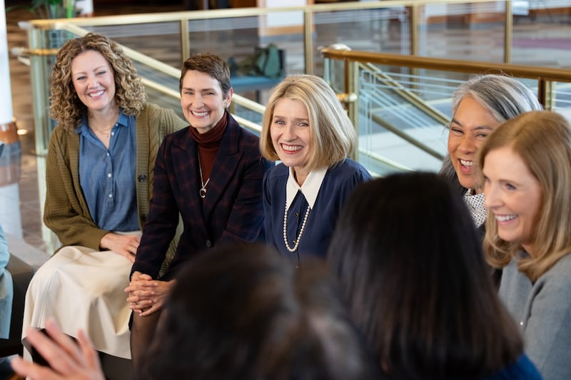President Camille N. Johnson, center, speaks with the Relief Society general advisory council during the filming of the Relief Society worldwide devotional and additional videos made available Sunday, March 8, 2026.