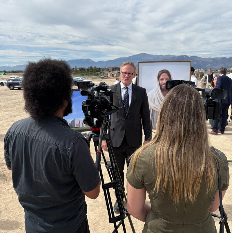 Elder Karl D. Hirst — a General Authority Seventy and member of the Church’s United States Central Area presidency — speaks to news representatives at the groundbreaking ceremony for the Colorado Springs Colorado Temple on Saturday, Sept. 12, 2026, in Colorado Springs, Colorado.