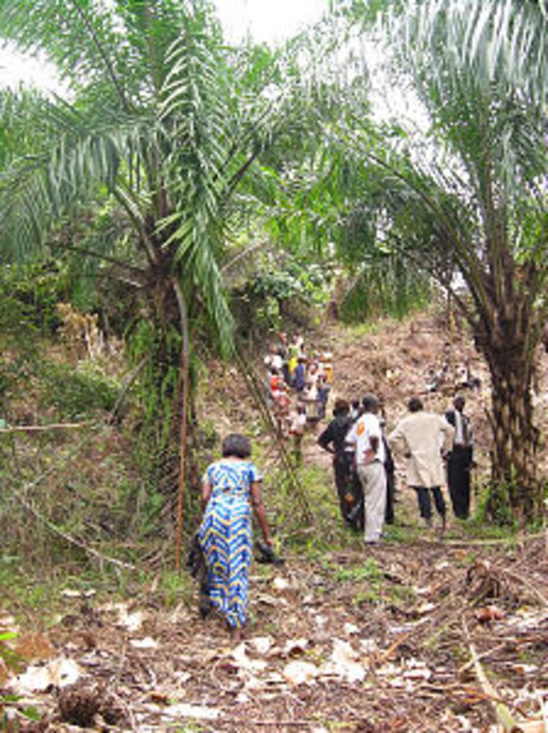 Members of water committee in Luputa, DR Congo, joined by local villagers, climb hillside to inspect