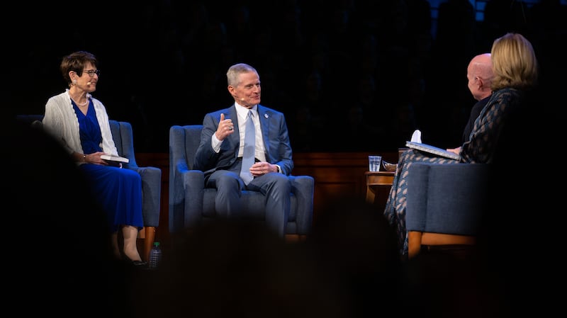 Elder David A. Bednar of the Quorum of the Twelve Apostles, and his wife, Sister Susan Bednar, speak during a devotional held in the BYU-Idaho Center in Rexburg, Idaho, on Thursday, Oct. 8, 2026. BYU–Idaho President Alvin F. Meredith III and Sister Jennifer Meredith are at left.