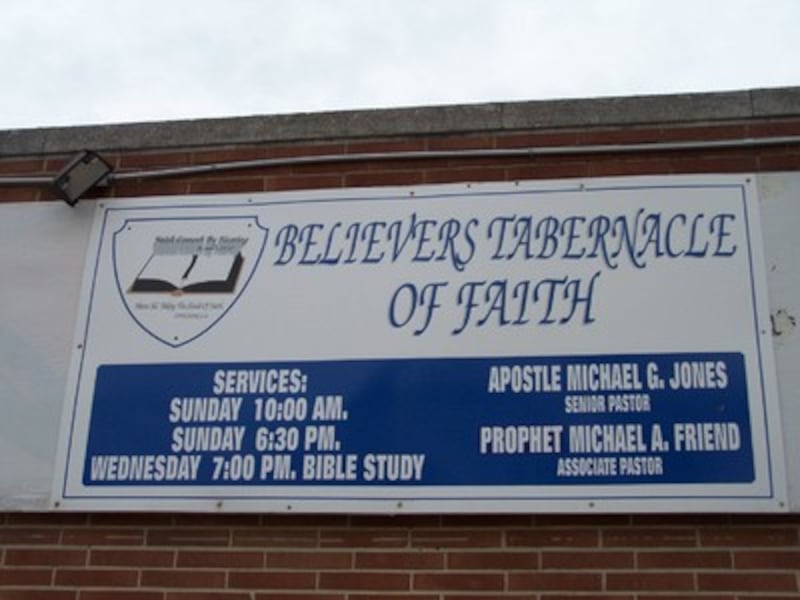 This is the sign outside the Believers Tabernacle of Faith, inviting all to attend services in the t