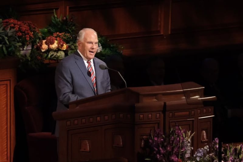 Elder Ronald A. Rasband of the Quorum of the Twelve Apostles speaks from the Conference Center pulpit during October 2023 general conference.