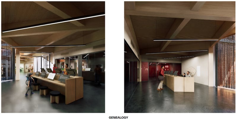 Artistic renderings of the National Juneteenth Museum coming to Fort Worth, Texas, show what a genealogy center could look like. The Church of Jesus Christ of Latter-day Saints donated $3 million toward the museum's construction and a genealogy center on Oct. 7, 2026.