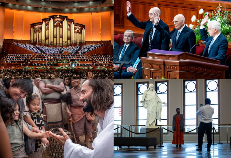 Clockwise from top left: Conference-goers and Church leaders give sustaining votes during the Saturday afternoon session of the 196th Annual General Conference of The Church of Jesus Christ of Latter-day Saints, held at the Conference Center in Salt Lake City on Saturday, April 4, 2026; The First Presidency, from left, President Henry B. Eyring, first counselor; President Dallin H. Oaks; and President D. Todd Christofferson, second counselor, give a sustaining vote during the solemn assembly as part of the Saturday morning session of the 196th Annual General Conference of The Church of Jesus Christ of Latter-day Saints, held at the Conference Center in Salt Lake City on Saturday, April 4, 2026; A woman poses for a photo in front of the Christus during the Saturday afternoon session of the the 196th Annual General Conference of The Church of Jesus Christ of Latter-day Saints, at the Conference Center in Salt Lake City on Saturday, April 4, 2026; Jesus Christ minister to Nephite children in this picture from the Book of Mormon Videos.